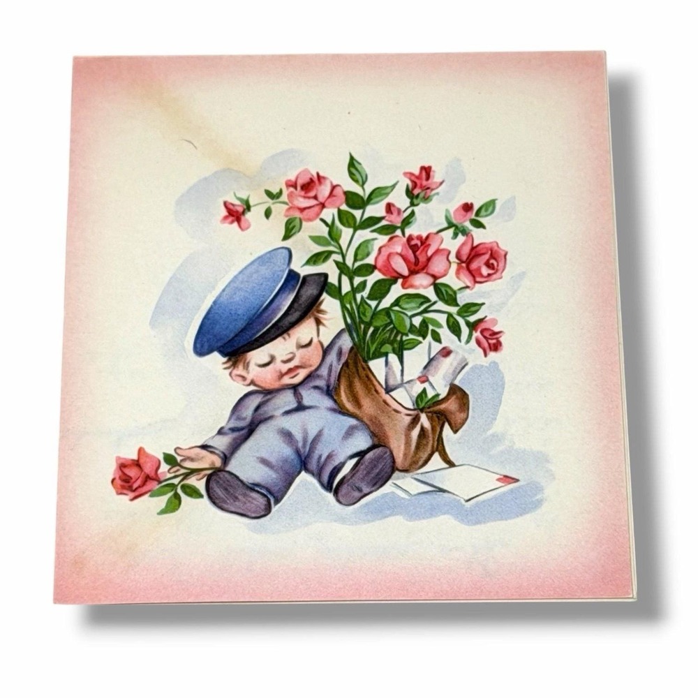 Postal Carrier Boy Asleep with Delivery Bouquet 1950 Vintage Note Card I279